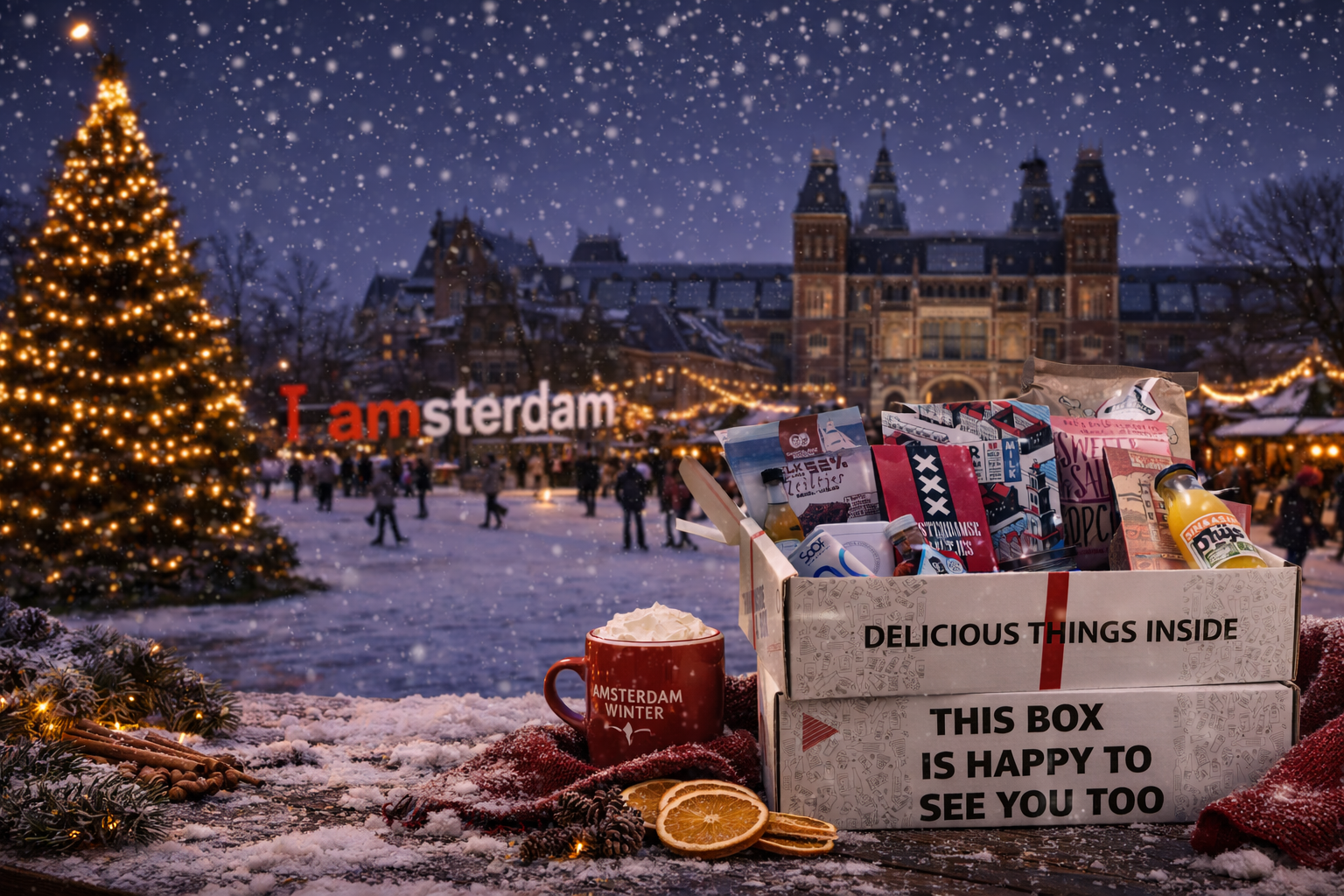Amsterdams kerstpakket op het Museumplein in de sneeuw, met de I amsterdam-letters en verlichte kerstboom