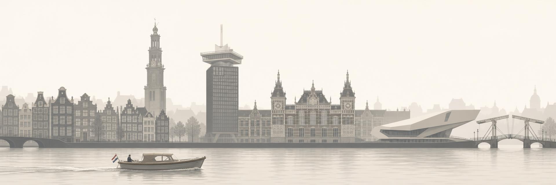 Panoramisch silhouet van de Amsterdamse skyline met een varend bootje